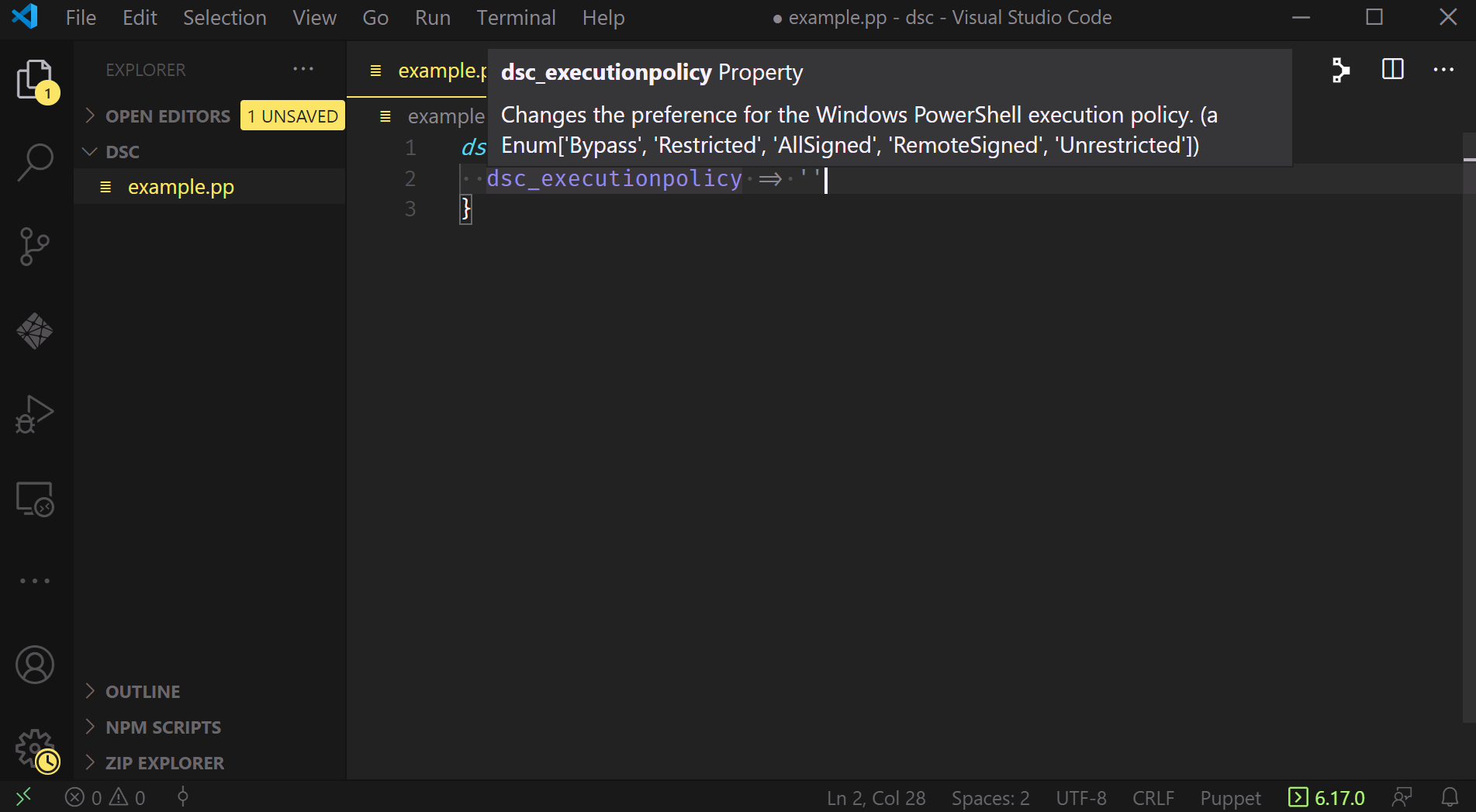 A VSCode window showing an empty declaration for ‘dsc_executionpolicy’ with the mouse hovering over that key, displaying a tooltip which includes the documentation and valid values for the property.
