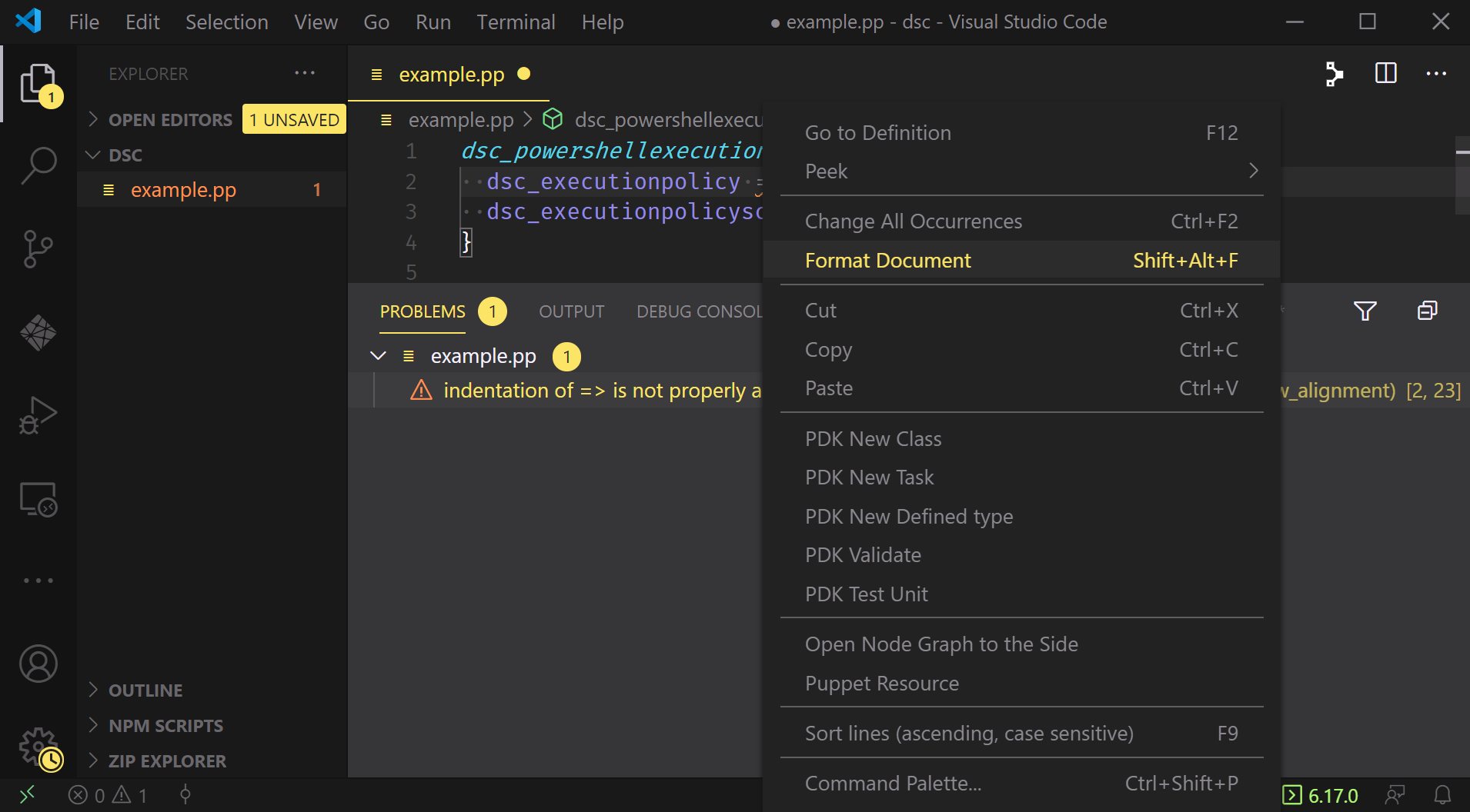 A VSCode window displaying the right-click menu over the manifest, highlighting the ‘Format Document’ command with a hotkey combination of ‘Shift+Alt+F’