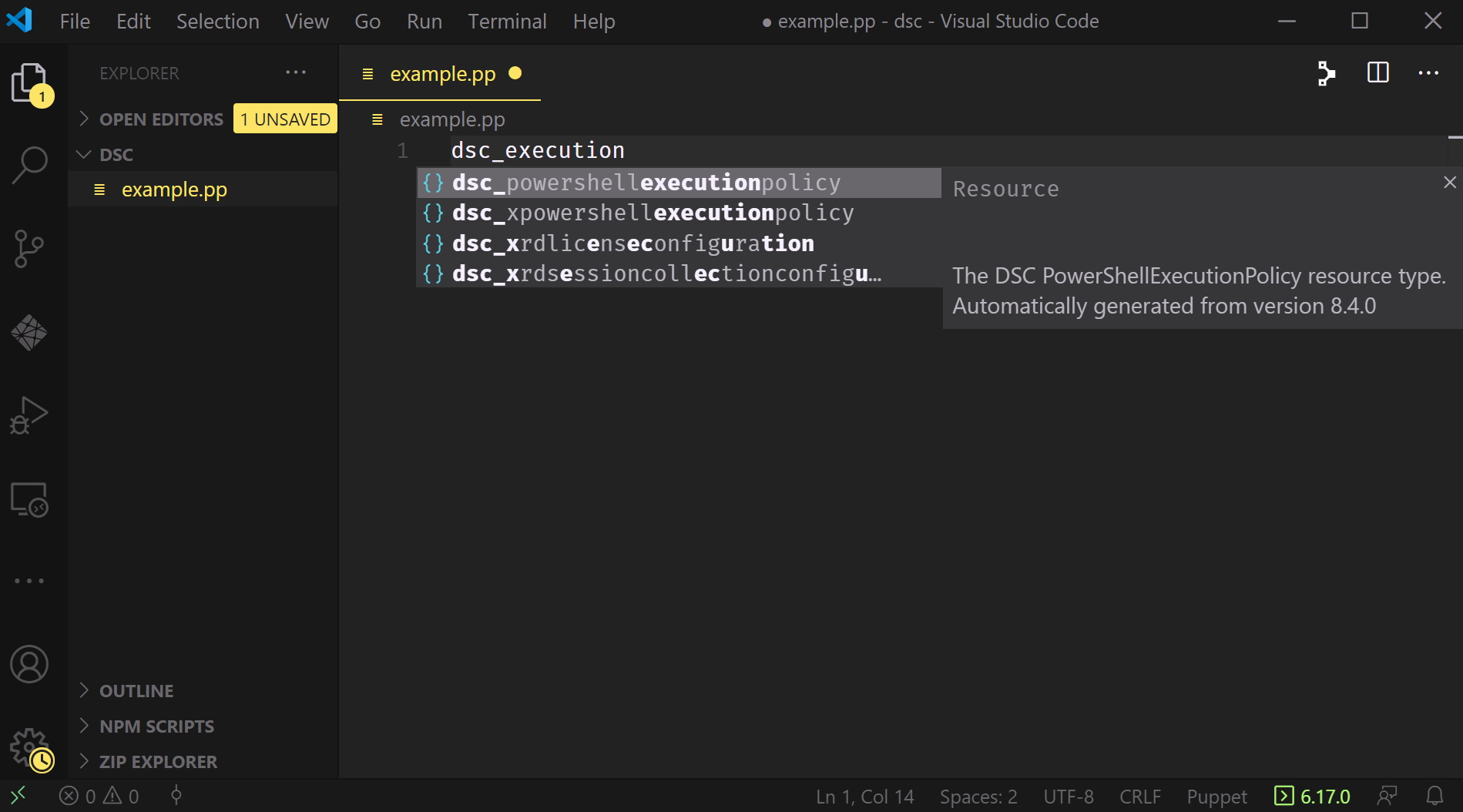 A VSCode window showing the text ‘dsc_execution’ has raised a tooltip which lists multiple possible matches, including dsc_powershellexecutionpolicy, and to the right it shows the help information for this resource.