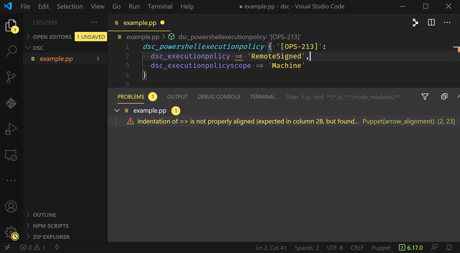 A VSCode window displaying the Problems Pane with only one warning