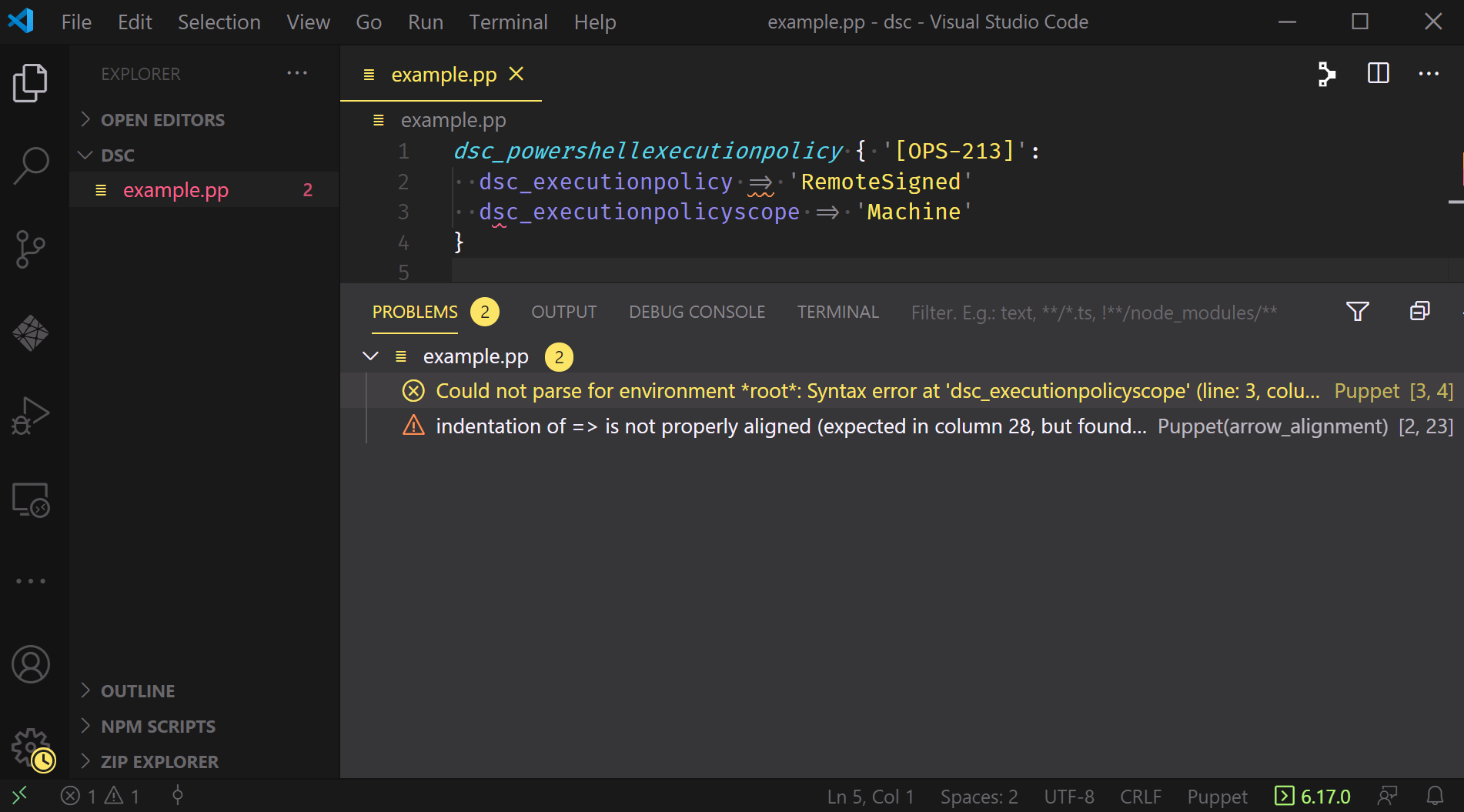 A VSCode window displaying the Problems Pane with two entries